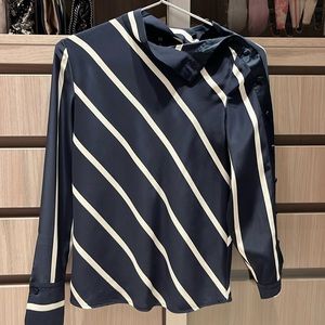 Rag and bone navy blue and white silk shirt - high neck, buttons down one sleeve